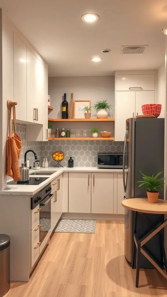 29+ Inspiring Basement House Ideas for Your Next Home Project 4 A modern basement kitchenette with light cabinets, dark appliances, and decorative open shelving.
