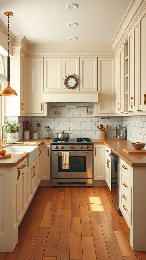 A rustic cream and gold farmhouse style kitchen with wooden countertops and a classic clock.
