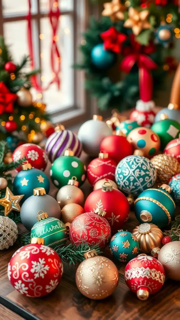 25+ Unique Christmas Boutique Ideas for Your Holiday Shopping 8 A collection of colorful handcrafted Christmas ornaments displayed on a table, surrounded by festive decorations.