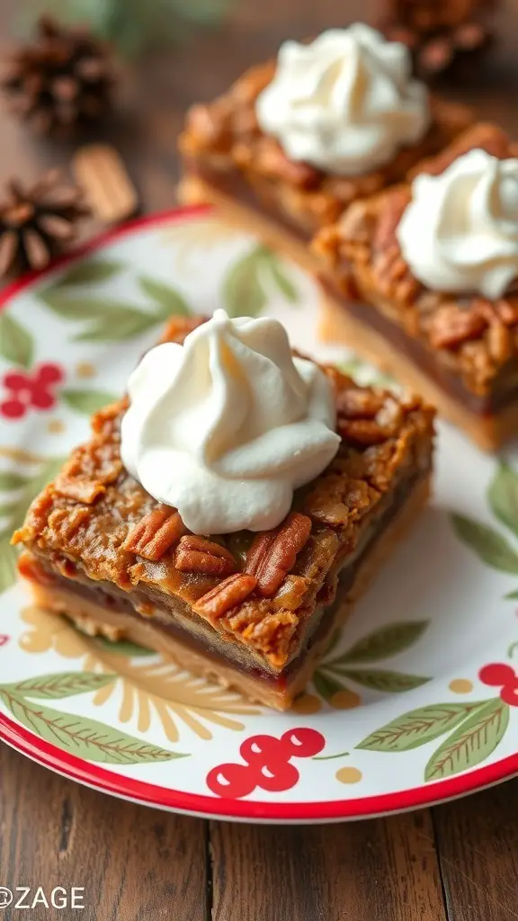 23+ Delightful Christmas Sweet Ideas You Must Try This Holiday Season 6 Pecan pie bars topped with whipped cream on a festive plate