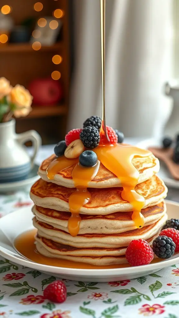 A stack of fluffy buttermilk pancakes topped with maple syrup and fresh berries.