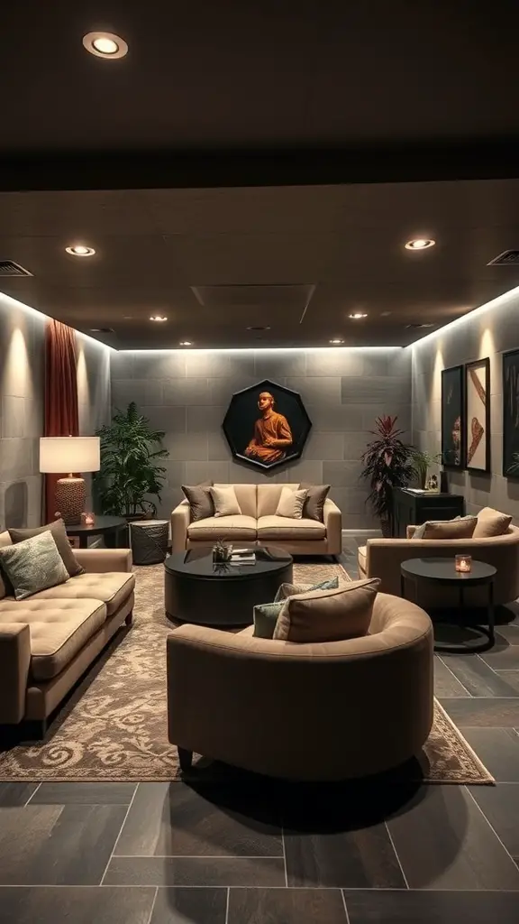 Luxurious basement lounge with plush sofas and stylish decor