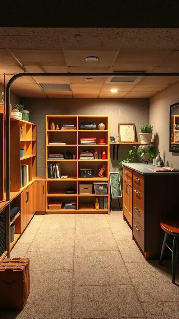 29+ Creative Basement Remodeling Ideas to Transform Your Space 14 A well-organized basement with wooden shelves, storage bins, and a stylish countertop.