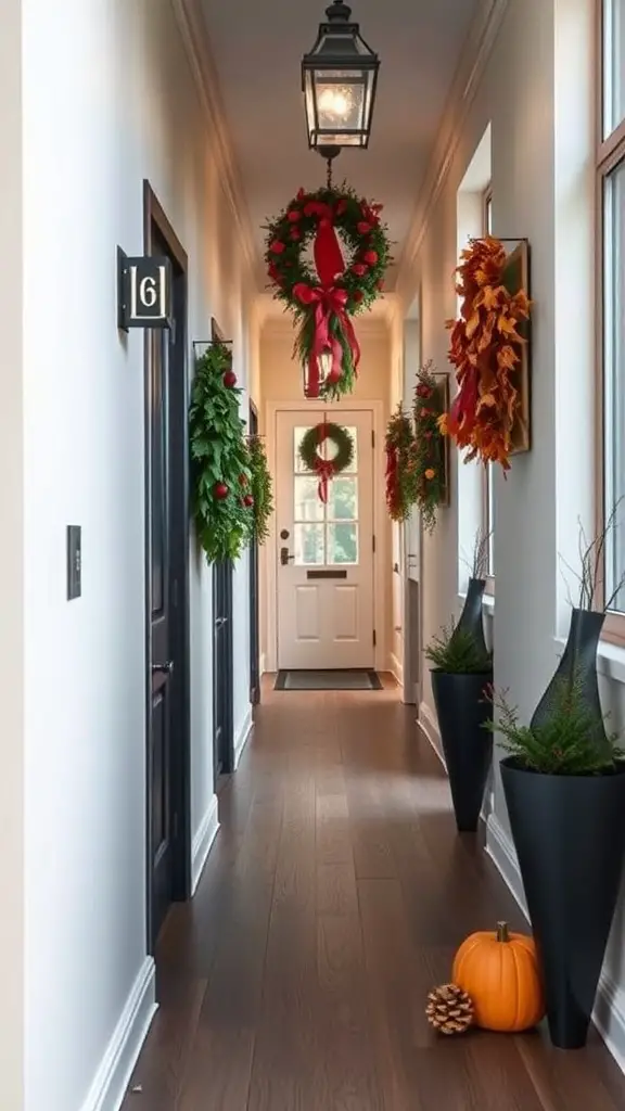 A hallway decorated with seasonal wreaths and a pumpkin, showcasing autumn decor.