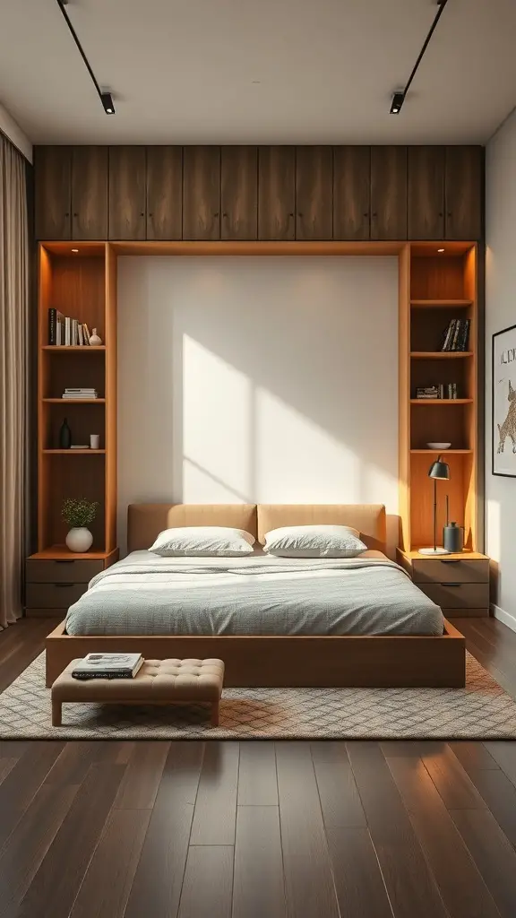 25+ Inspired Floor Bed Ideas for a Cozy Bedroom Makeover 13 A modern bedroom featuring a low wooden floor bed with built-in storage and shelves, complemented by natural light.