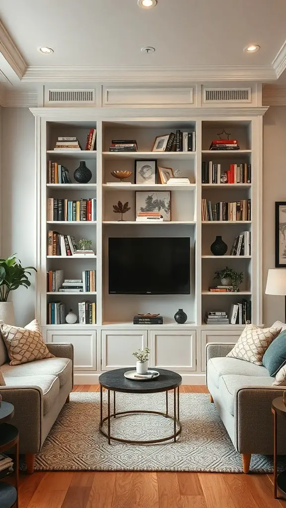 A cozy living room featuring built-in shelves filled with books and decorative items, with a TV in the center.
