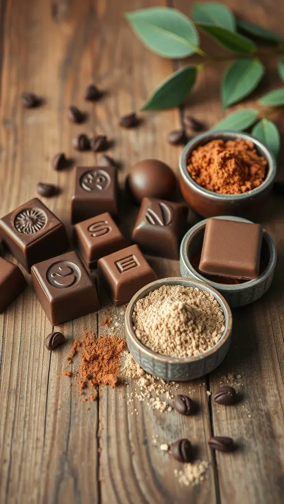 29+ Creative Hot Cocoa Bar Ideas for Cozy Gatherings 7 An assortment of gourmet chocolates and cocoa powder on a wooden table.