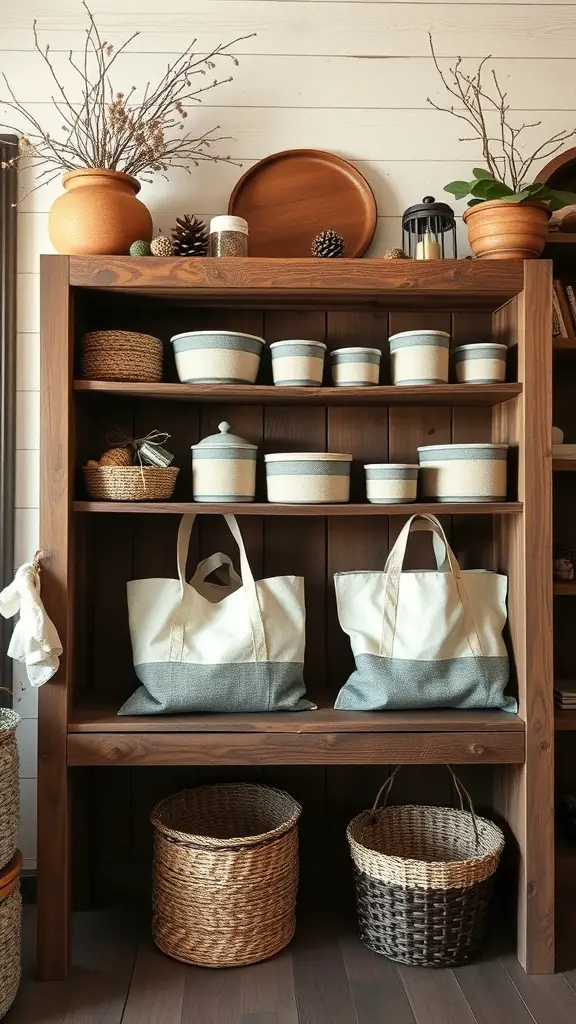 A rustic wooden shelf displaying pots, baskets, and tote bags.