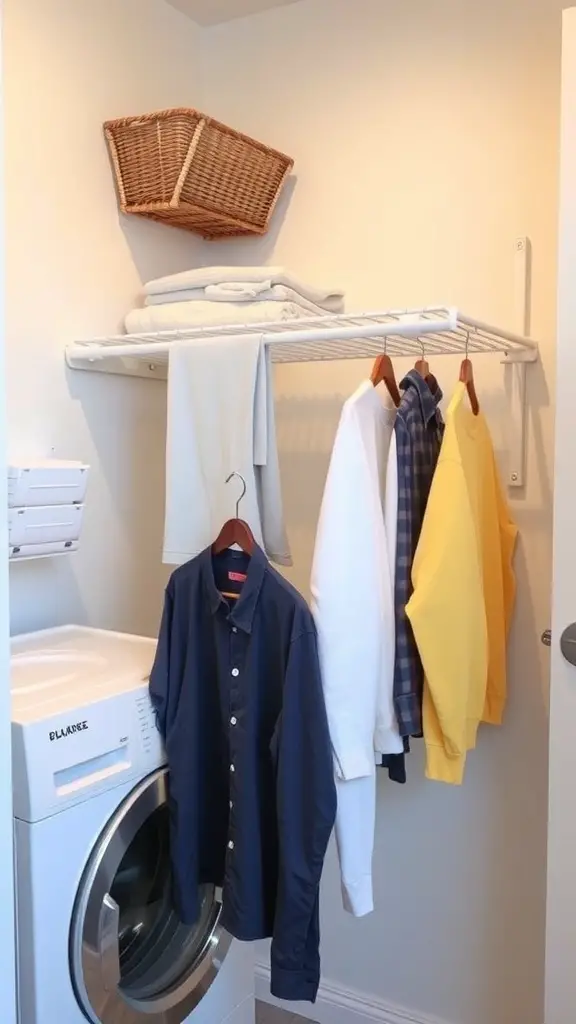 27+ Creative Mini Laundry Room Ideas to Maximize Your Space 9 A mini laundry room featuring a wall-mounted drying rack with clothes hanging, a washing machine, and a basket on a shelf.