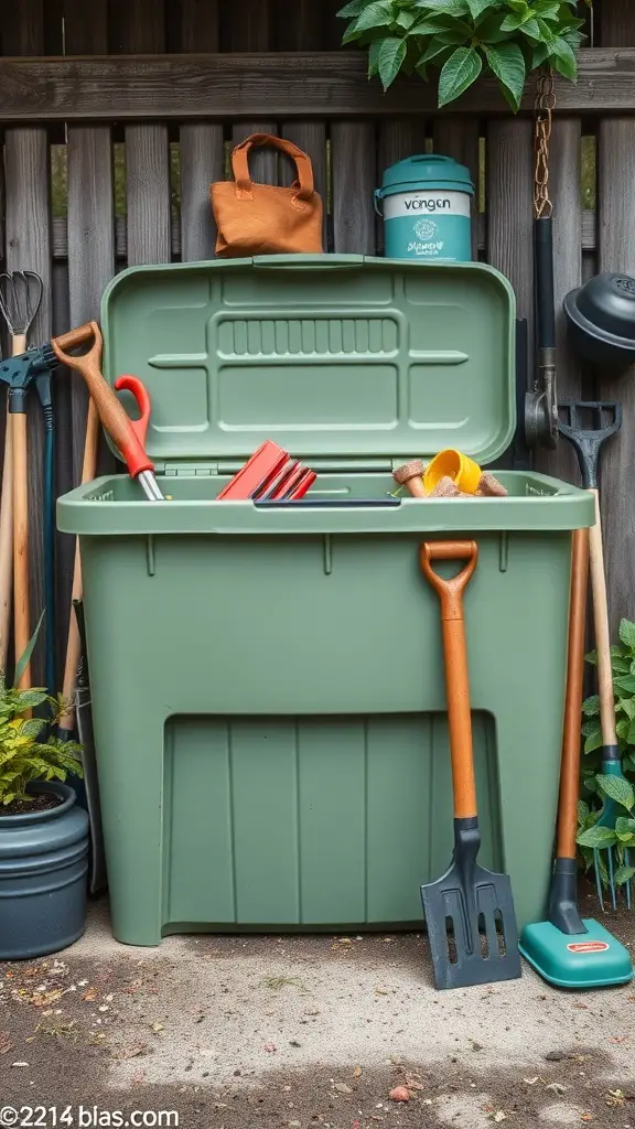 A green outdoor storage bin filled with gardening tools, surrounded by plants and a wooden fence.