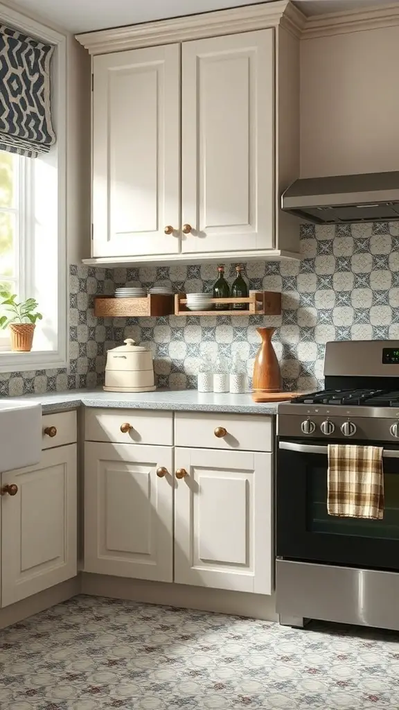 25+ Stunning Painted Kitchen Cabinet Ideas to Transform Your Space 13 A kitchen with painted cabinets, a patterned backsplash, and wooden shelves.