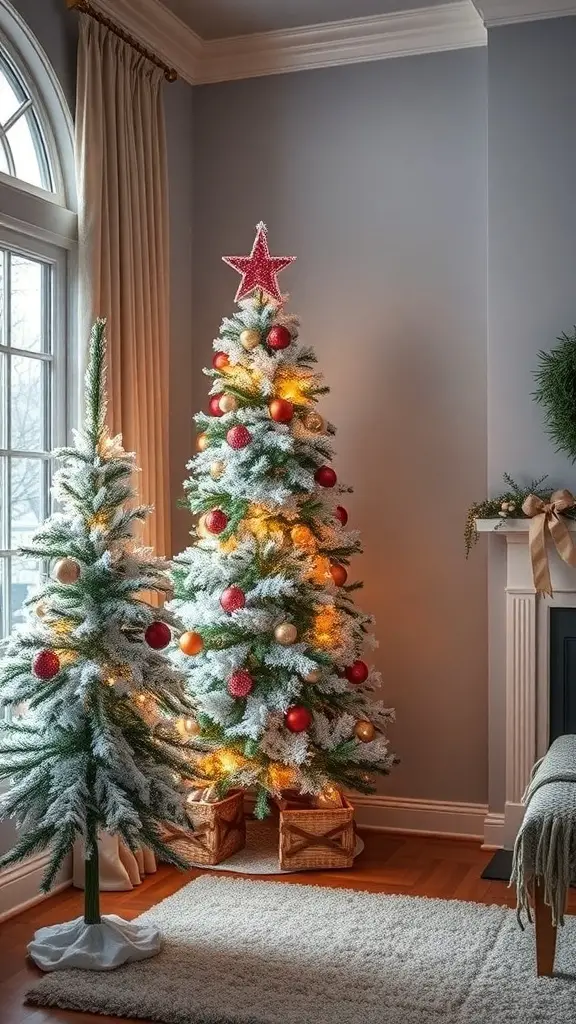 25+ Stunning Icicle Christmas Tree Ideas to Transform Your Holiday Decor 4 Two icicle Christmas trees, one large and one small, decorated with ornaments and lights in a cozy living room.