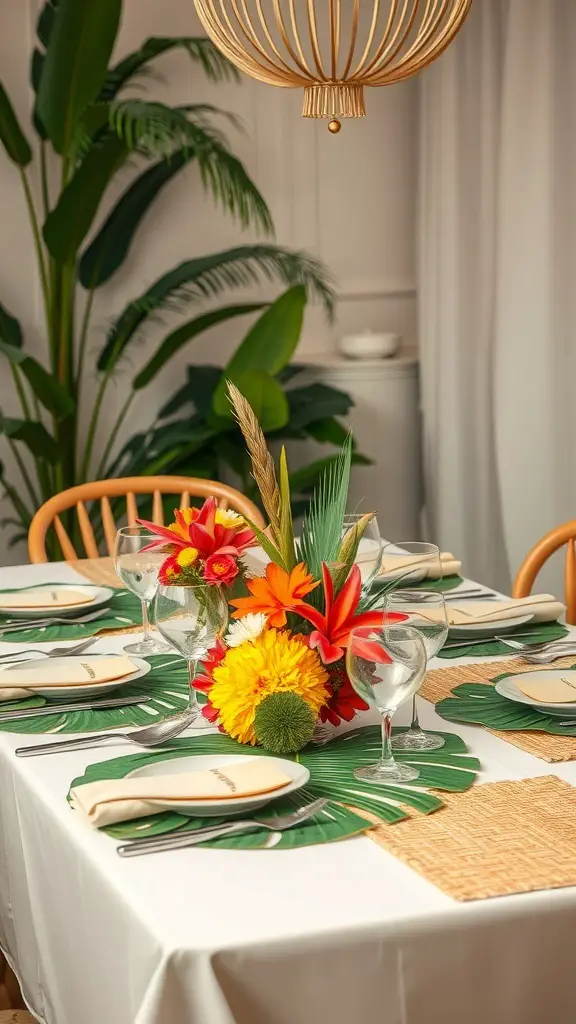 27+ Creative Christmas Island Centerpiece Ideas for Your Holiday Decor 11 Tropical leaf table setting with colorful flowers and elegant glassware.