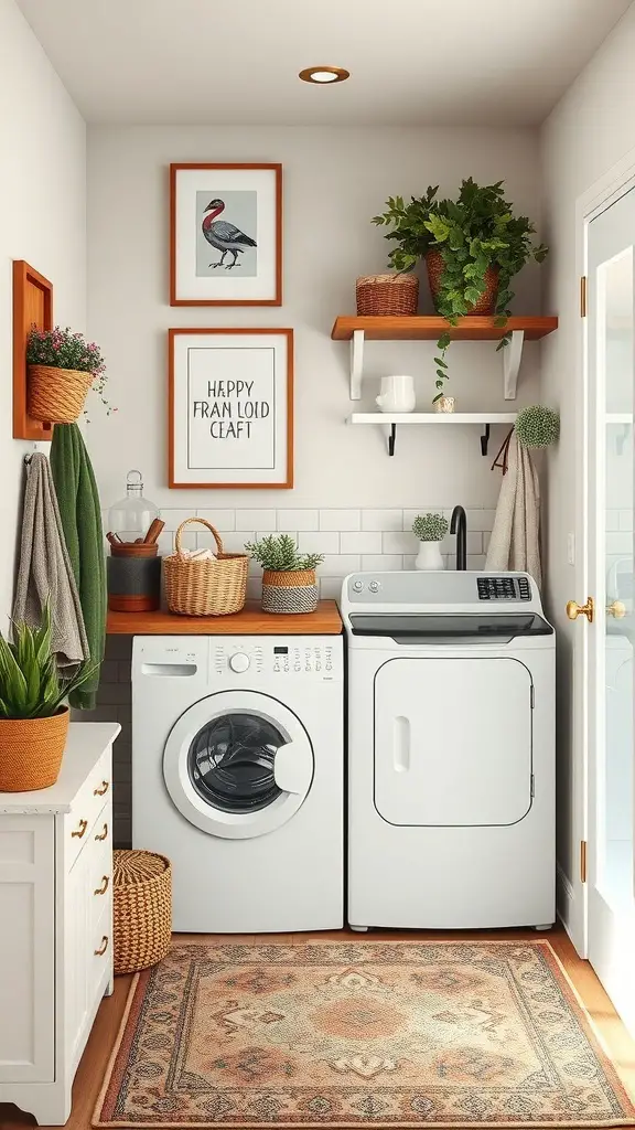25+ Stylish Mudroom and Laundry Room Combo Ideas to Maximize Space 6 A stylish mudroom-laundry combo featuring a washer and dryer, open shelves with plants, framed artwork, and a patterned rug.