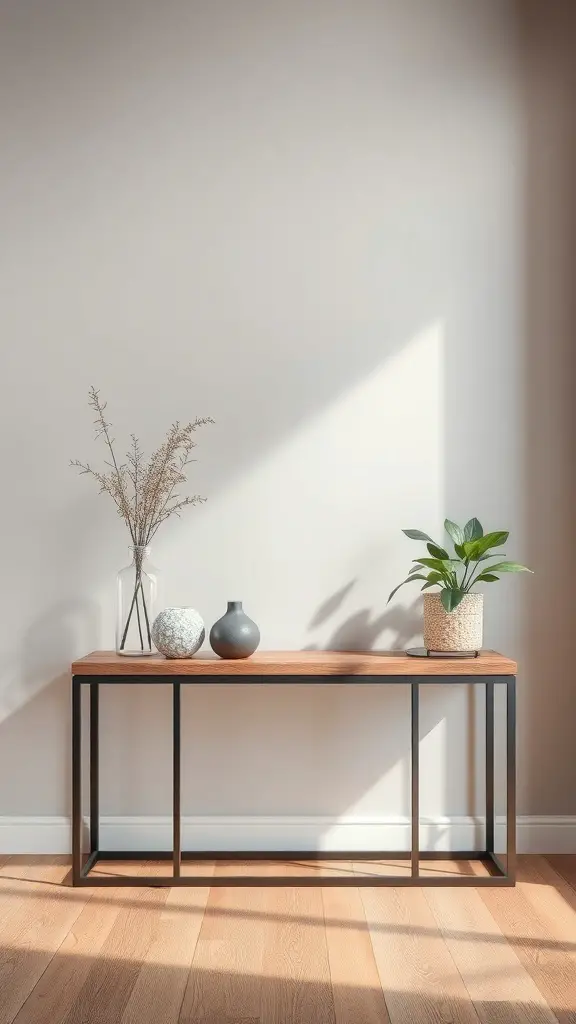 25+ Stunning Entryway Table Decor Ideas You’ll Love 8 A stylish entryway table with a wooden top and black metal frame, decorated with vases and a plant.