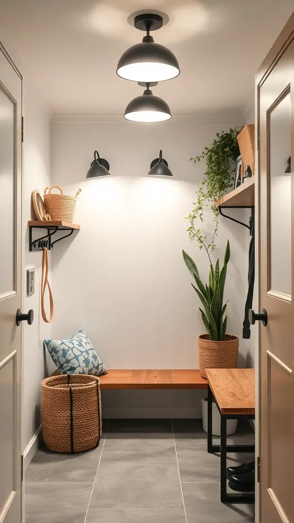 25+ Stunning Mini Mudroom Entryway Ideas for Small Spaces 4 A mini mudroom with bright lighting fixtures, featuring overhead lights and wall sconces.
