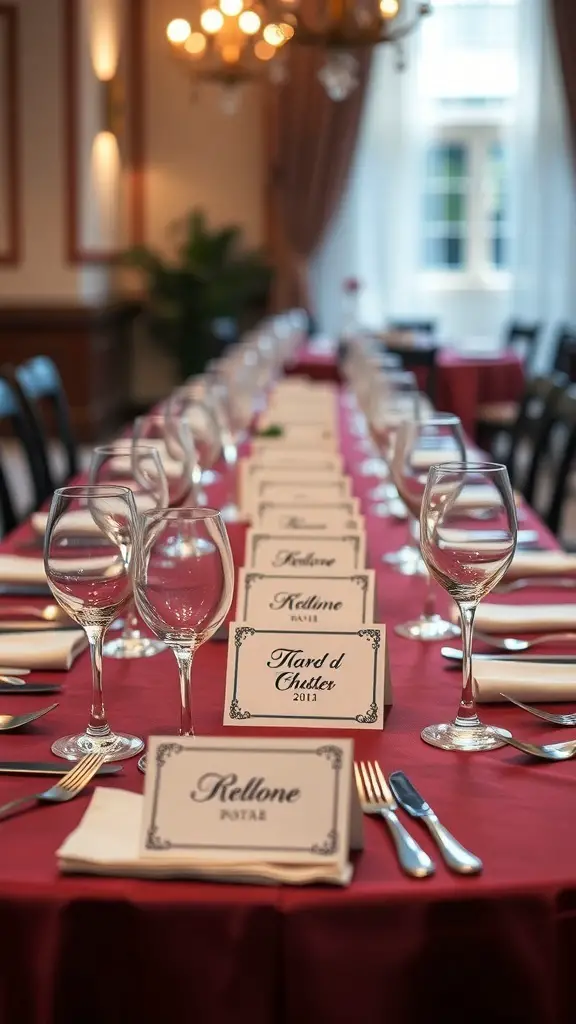 25+ Stunning Thanksgiving Table Settings to Elevate Your Holiday Feast 10 A long dining table set for Thanksgiving with personalized name cards for each guest.