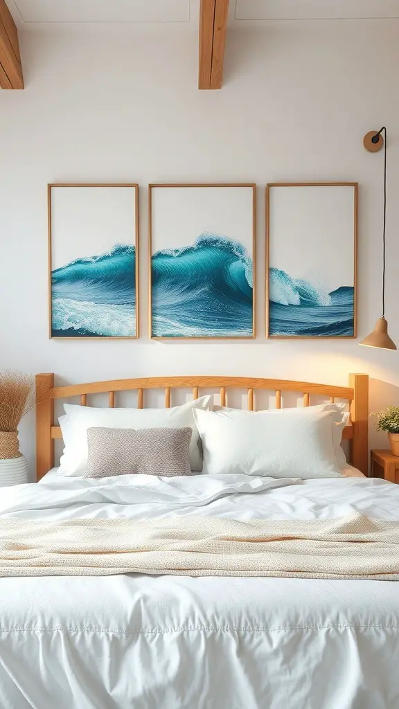 Three wave prints in wooden frames above a bed in a coastal-inspired bedroom