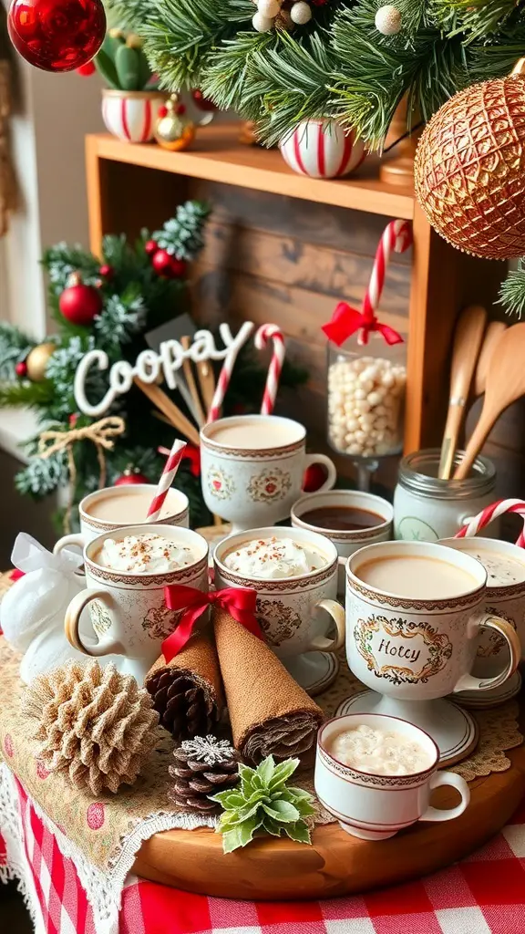 23+ Budget-Friendly Dollar Tree Hot Cocoa Bar Ideas 7 A beautifully arranged hot cocoa station with festive mugs, toppings, and decorations.