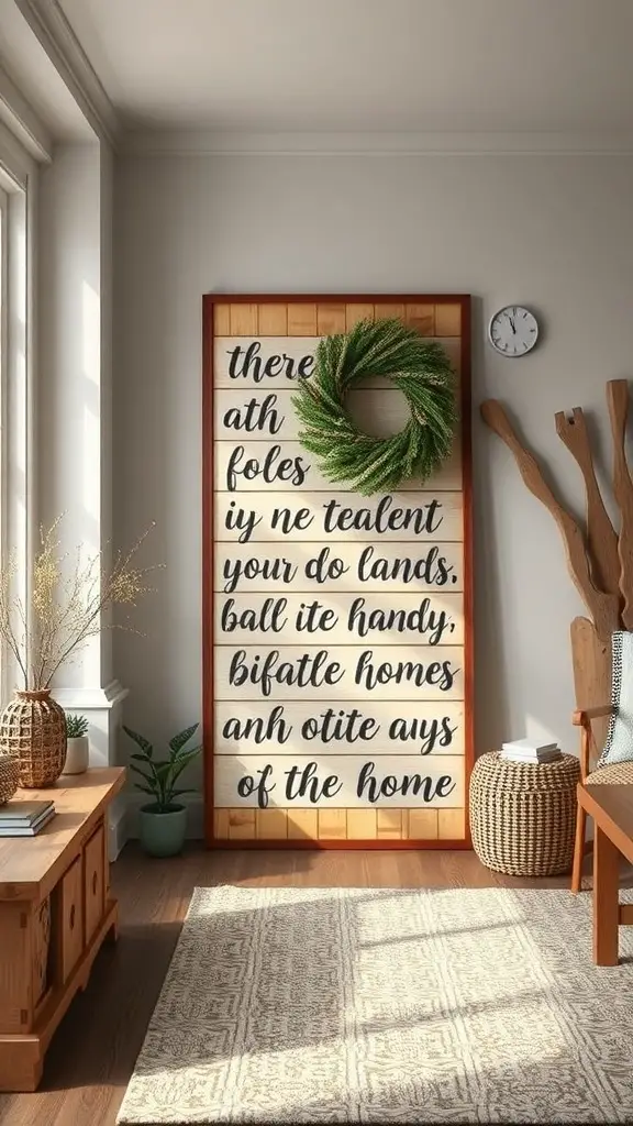 29+ Creative Dollar Tree DIY Crafts You Need to Try 8 A rustic wooden sign with a wreath, displayed in a cozy living room setting.