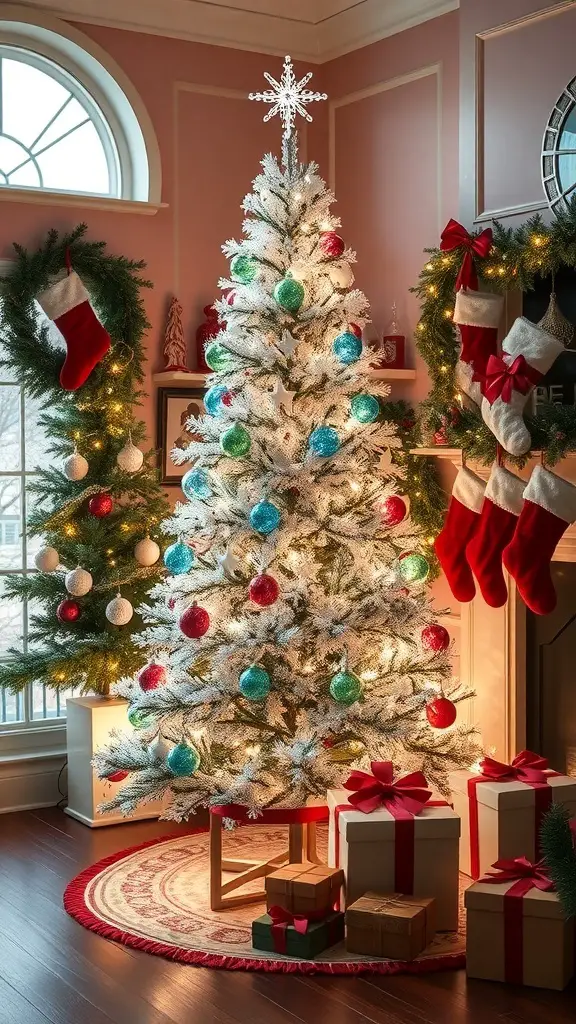 A beautifully decorated living room featuring a crystal Christmas tree with colorful ornaments, stockings, and presents.