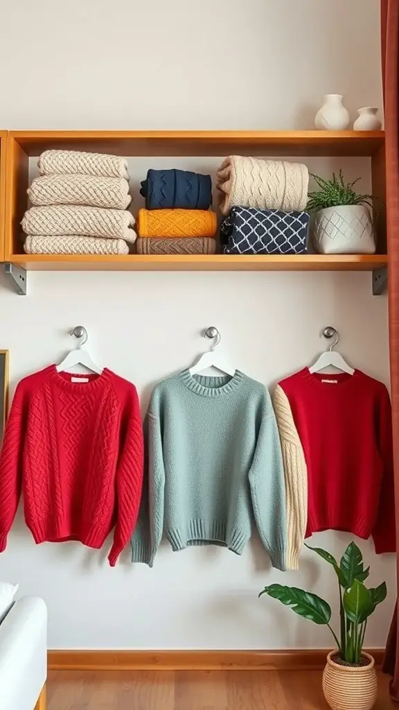 29+ Creative Sweater Storage Ideas to Maximize Your Closet Space 12 Wall-mounted shelves displaying neatly folded and hung sweaters in a cozy setting.