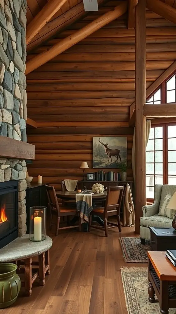 Cozy cabin interior with wooden beams, stone fireplace, and natural decor elements.