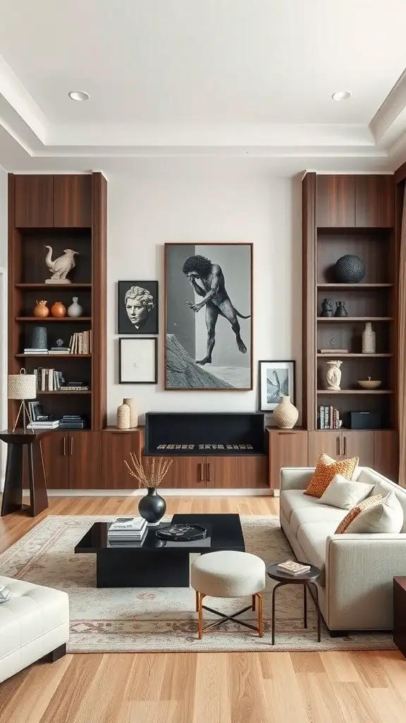 A stylish living room featuring built-in shelves displaying art and decorative items.