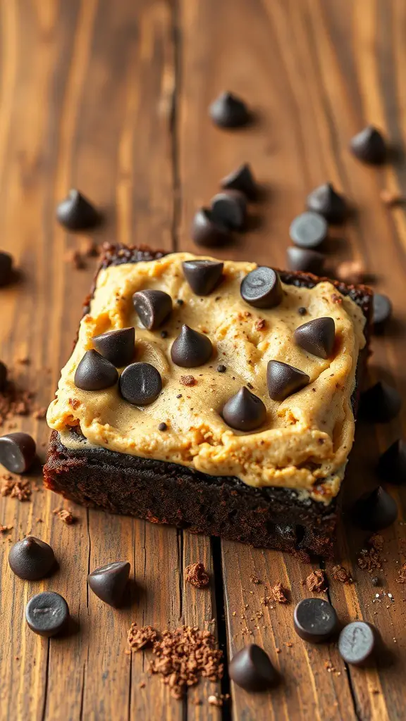 A close-up of a peanut butter cookie dough brownie topped with chocolate chips on a wooden surface.