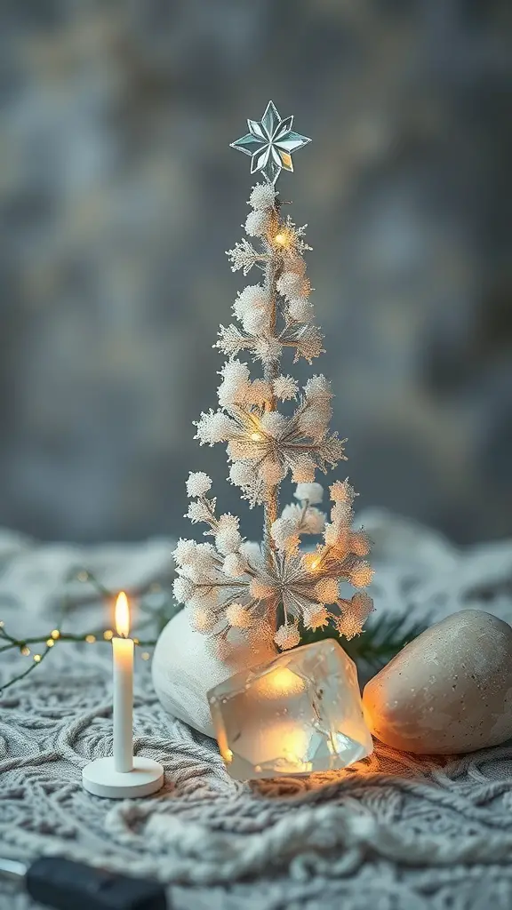 A crystal Christmas tree with a star on top, surrounded by soft lighting and natural elements.