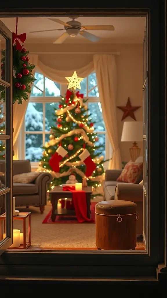27+ Stunning Holiday Window Displays to Inspire Your Seasonal Decor 8 A cozy Christmas living room with a decorated tree, stockings, and snow outside