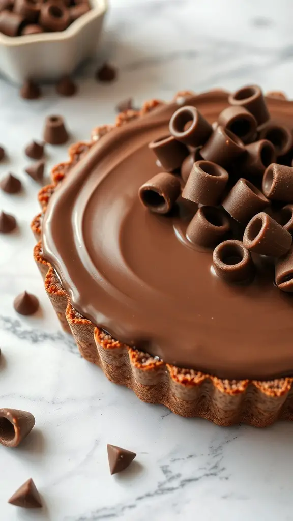 25+ Irresistible Chocolate Desserts You Must Try 3 A rich chocolate tart topped with glossy ganache and chocolate curls, surrounded by chocolate chips.