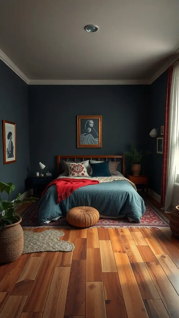 31+ Dark Boho Bedroom Ideas 15 A dark boho bedroom featuring wooden flooring, a cozy bed with colorful pillows, and decorative plants.