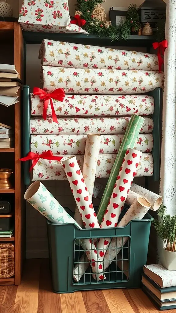 Organized wrapping paper storage with rolls on a shelf and in a basket