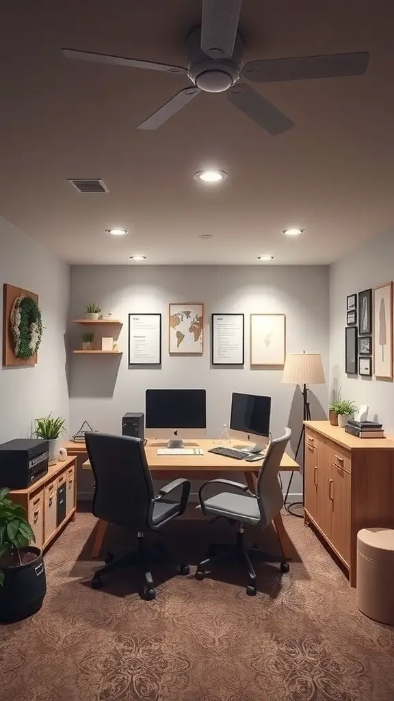 Stylish basement home office with ergonomic design, featuring a wooden desk, dual monitors, and comfortable chairs.