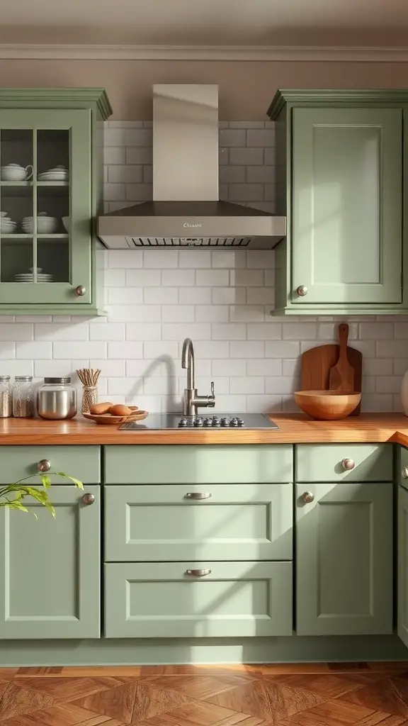 A sage green kitchen with wooden countertops and modern appliances.