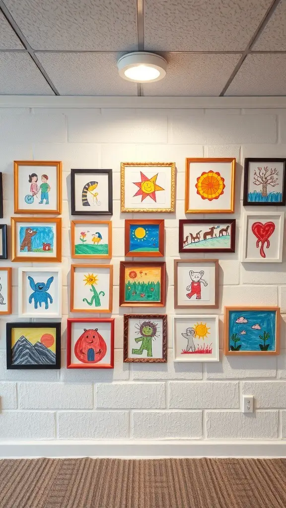 Colorful art gallery wall with children's drawings in frames