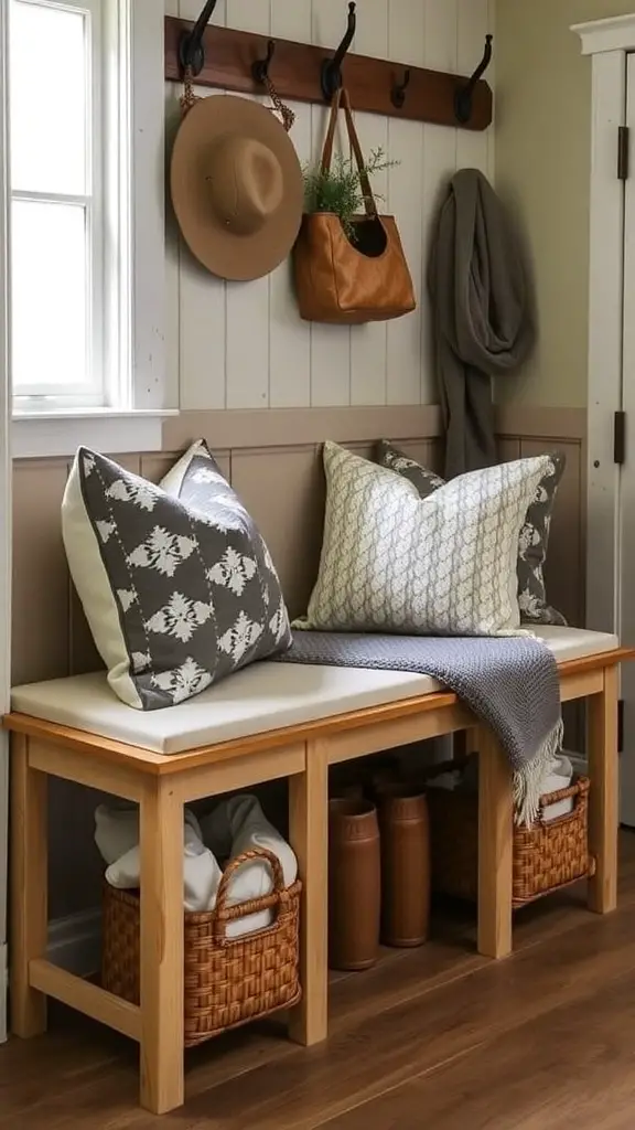 A charming entryway bench with cushions and storage baskets in a farmhouse style mudroom.