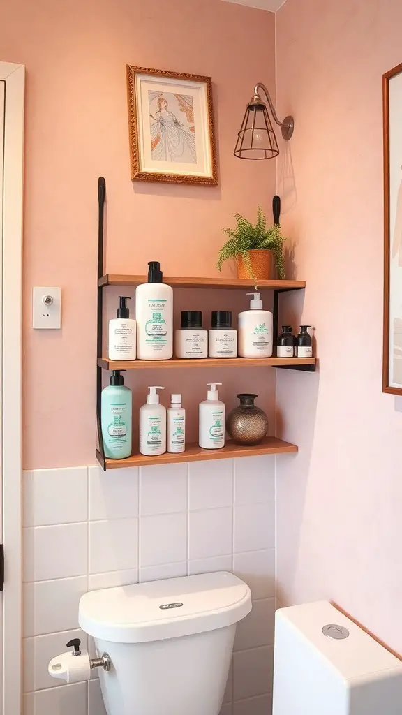25+ Creative Ways to Store Your Feminine Hygiene Products 5 Wall-mounted shelf with feminine hygiene products above a toilet in a pink bathroom