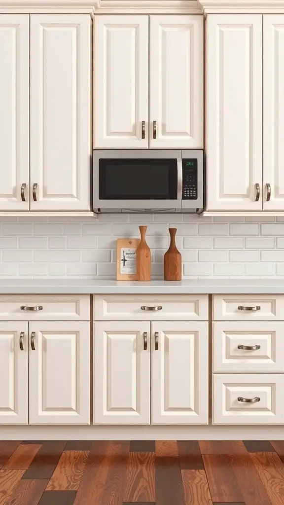 A modern kitchen featuring off white cabinets with sleek metallic hardware.