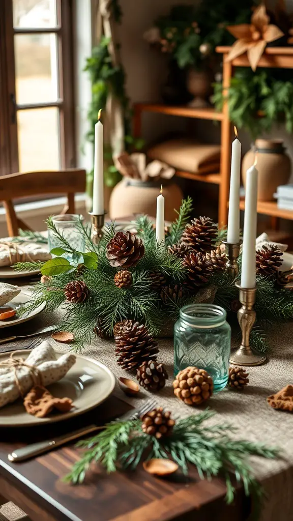25+ Stunning Thanksgiving Table Settings to Elevate Your Holiday Feast 16 A beautifully set Thanksgiving table with pinecones, greenery, and candles.