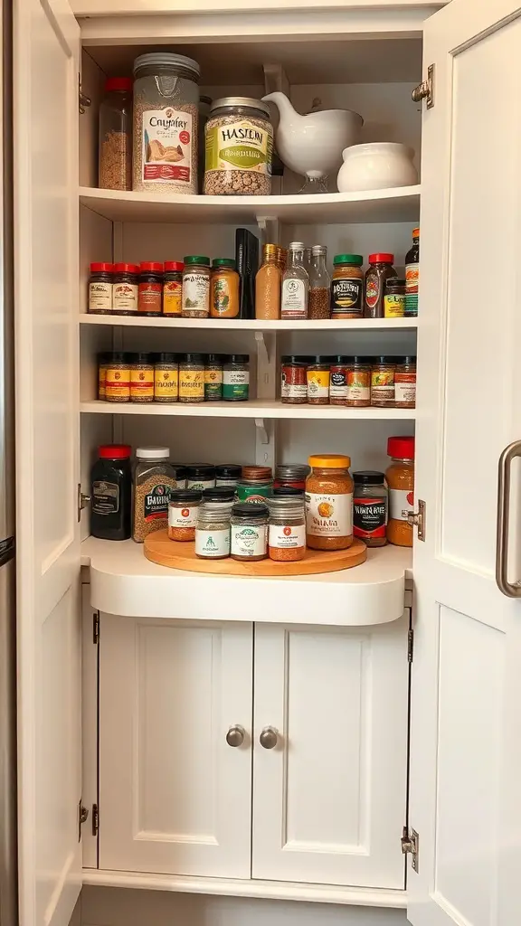Organized corner kitchen cabinet with a Lazy Susan for easy access to spices and condiments.