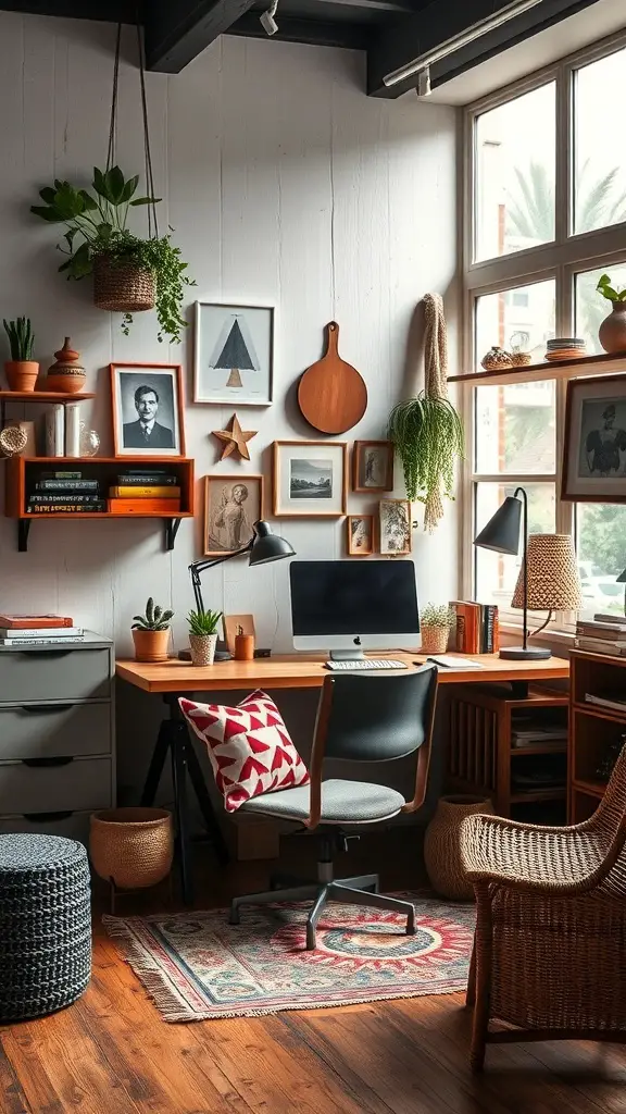23+ Boho Office Decor Ideas for a Stylish Workspace 8 A cozy boho office with vintage decor, featuring a wooden desk, framed art, plants, and a colorful rug.