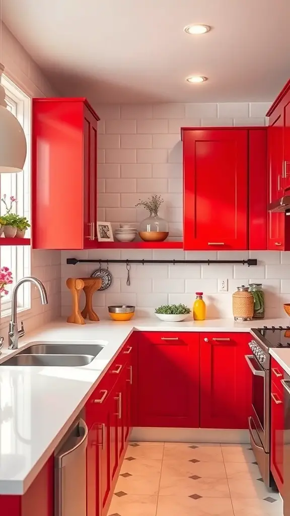 25+ Gorgeous Kitchen Cabinet Colors to Transform Your Space 3 A modern kitchen featuring vibrant red cabinets, white countertops, and a bright atmosphere.