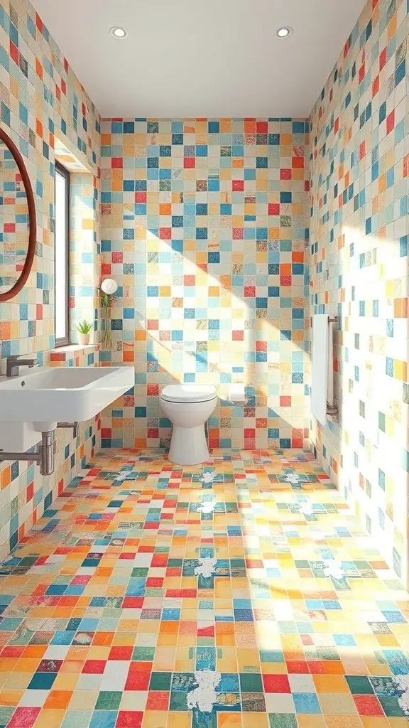 A bathroom with colorful mosaic tiles in blue, orange, and yellow patterns on the walls and floor.