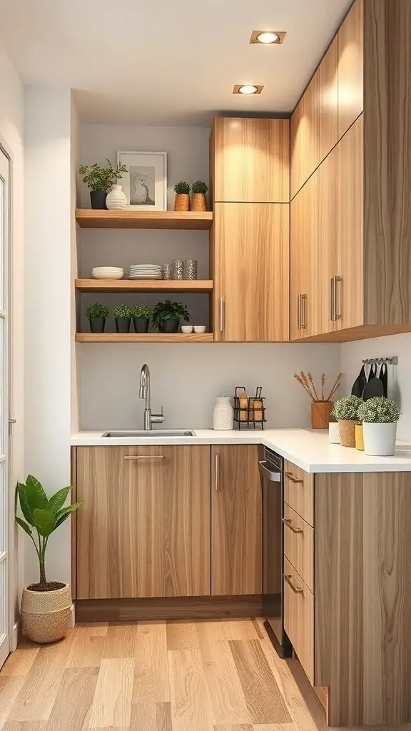 A modern kitchenette featuring wooden cabinets, open shelves with plants, and a clean countertop.