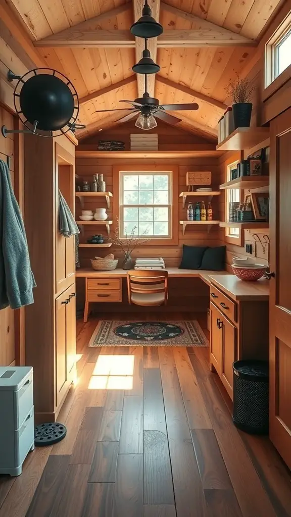 Interior of a tiny cabin featuring wooden shelves, a desk, and storage cabinets.