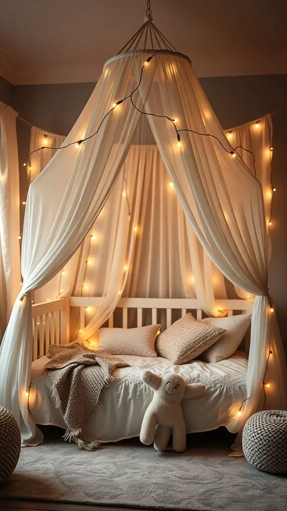 29+ Boho Nursery Decor Ideas for a Cozy and Stylish Space 16 A cozy nursery with a canopy bed draped in soft fabric and fairy lights, featuring plush pillows and a stuffed toy.