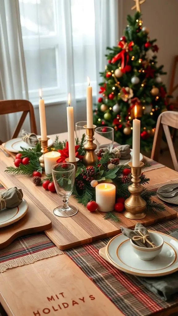 23+ Creative Dollar Tree Cutting Board Crafts You Can Make 3 A holiday-themed table centerpiece featuring candles, greenery, and festive decorations.