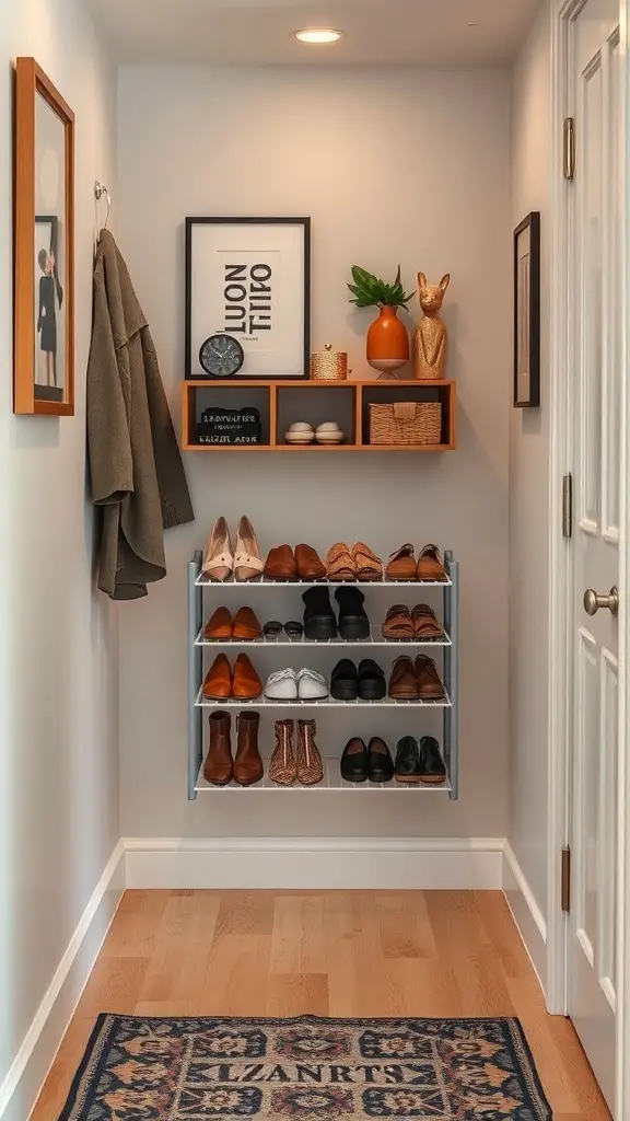A compact shoe rack displayed in a small entryway, showcasing various types of shoes.